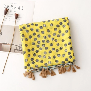 Close-up of bright yellow scarf with black polka dots and dense brown tassel details