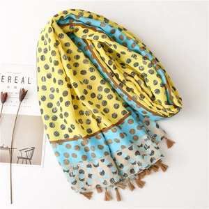 Polka dot tassel scarf in yellow and blue patchwork, soft cotton feel winter shawl