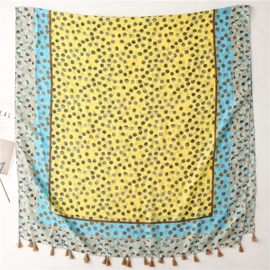 Yellow and blue polka dot scarf with tassels, soft cotton-linen feel winter shawl