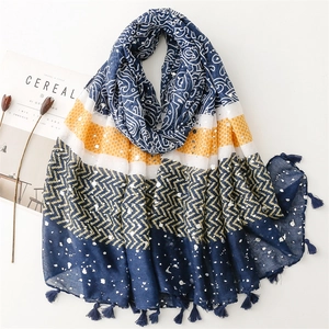 Women Fashion Scarf Shawl Polyester Paisley Geometric Print Silver Foil Dots Tassels Light Sun Protection Beach Wrap