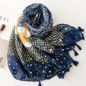 Navy blue shawl with wave patterns, silver metallic foil details and tassel edges