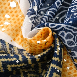 Macro detail of navy blue wave pattern scarf featuring silver gold foil stamping textures