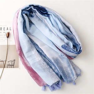 Gradient watercolor cotton-linen scarf with delicate blue tassels and silver accents