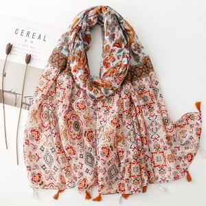 Châle À Imprimé Floral Ethnique Bohème Écharpe En Voile Doux Avec Glands Protection Solaire Accessoire Légger Pour Femmes