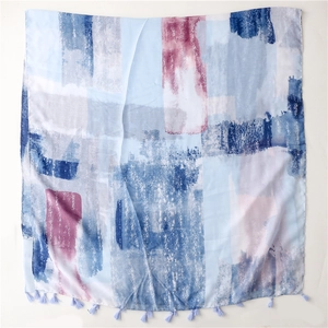 Gradient blue abstract art printed long scarf with tassels for women, versatile soft pashmina