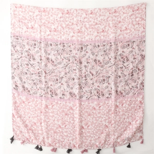 Pink and white cotton-feel scarf featuring paisley print and elegant tassels
