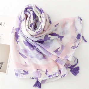 Floral print long shawl with purple tassels and artistic ink painting pattern