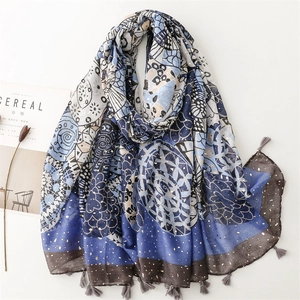 Women Fashion Scarf Polyester Voile Sun Protection Beach Shawl Gold Foil Totem Bohemian Tassels Lightweight