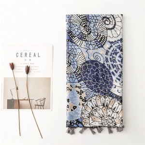 Blue and white printed summer scarf with gold patterns and stylish grey fringe tassels