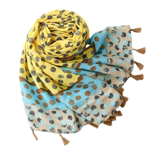 Polka dot long scarf with fringes, yellow and blue cotton-feel winter warm shawl wrap