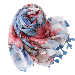 Écharpe effet lin à imprimé floral rouge et bleu avec des pompons décoratifs
