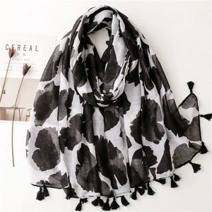 Women Large Scarf Shawl Black White Ink Flower Print Tassels Lightweight Polyester Voile Sun Protection Beach Wrap Elegant