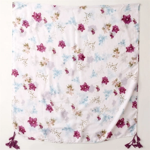 Cotton linen floral scarf for women with purple flowers and stylish tassels