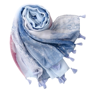 Gradient blue and white soft cotton shawl with artistic silver foil and purple tassels