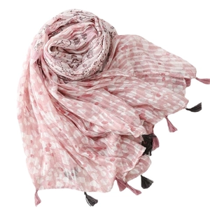 Pink floral cotton linen scarf with elegant tassels for women lightweight long shawl