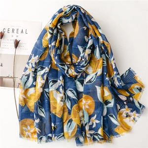 Women Lemon Floral Printed Scarf Lightweight Navy Blue Shawl With Tassel Trim Sun Protection Wrap For Summer Travel