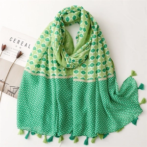 French style cotton linen scarf with geometric green patterns and tassels for women