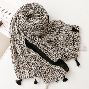 Detailed view of lightweight scarf with geometric patterns and soft fringe edges