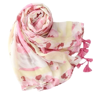 Floral print long scarf with pink tassels and soft cotton-linen texture for women