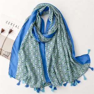 Women Soft Polyester Cotton-Linen Feel Scarf Long Floral Geometric Print Tassel Shawl Wrap Boho Sunscreen Breathable Large