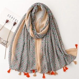 Elegant floral cotton linen scarf with bohemian patterns and soft fringe tassels