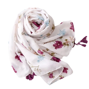 Off-white cotton linen scarf with purple floral print and elegant corner tassels