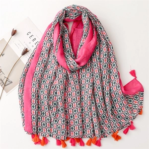 Floral cotton linen feel scarf with colorful geometric patterns and elegant long tassels