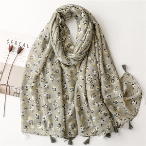 Women Floral Scarf Shawl Green Small Flower Print Lightweight Polyester Cotton Linen Feel Long Tassel Wrap Elegant