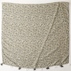 Elegant olive green floral cotton-linen feel scarf with tassel trim for women