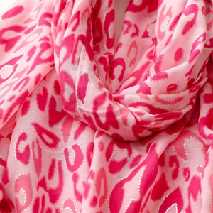 Detail of pink leopard print scarf with silver glitter edges and soft draped texture