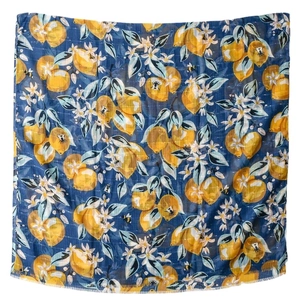Navy blue linen scarf with lemon and flower prints and delicate fringe details