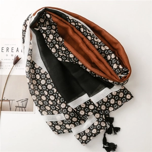 Blue geometric print scarf for women with vintage brown panels and black tassels