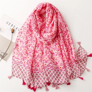 Floral Print Scarf Lightweight Cotton Linen Feel Tassel Shawl Bohemian Sun Protection Wraps For Women