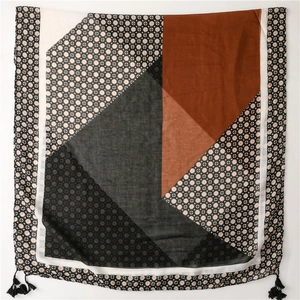 Blue geometric print cotton linen scarf for women with tassels and soft fabric feel