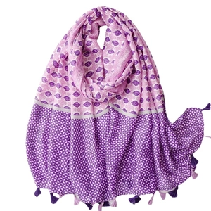 Floral and geometric pattern purple cotton linen shawl with soft double-colored tassels