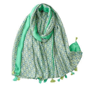 Elegant floral cotton linen scarf in mint green and lake blue with decorative tassels