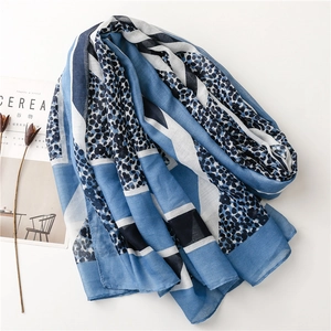 Blue geometric leopard print scarf with stripes and dots, elegant cotton linen feel shawl