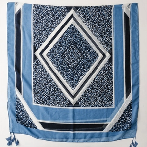 Blue geometric leopard print scarf with tassels, lightweight cotton-linen feel pashmina