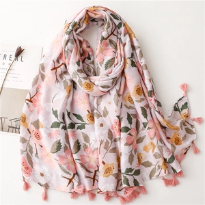 Bohemian Floral Print Scarf Shawl Polyester Lightweight Sun Protection Summer Beach Travel Fringe Tassel Women
