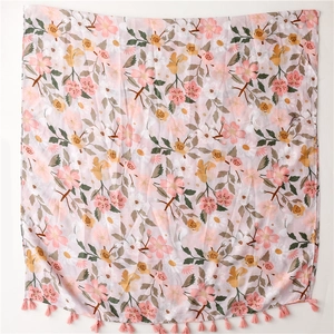 Pink floral bohemian sun protection scarf shawl with fringe for summer beach vacations