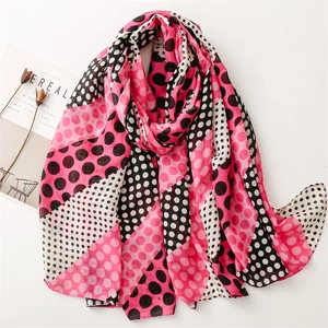 Polka dot patchwork scarf in pink and black, lightweight cotton-feel shawl for women