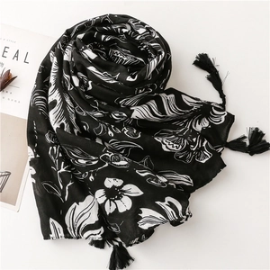 Vintage black cotton linen scarf with white floral patterns and tassel details