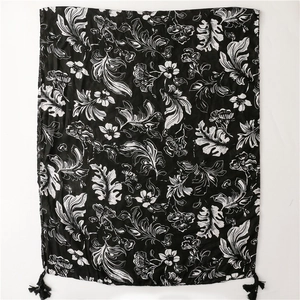 Vintage black and white floral linen-feel scarf with tropical leaves and elegant tassels
