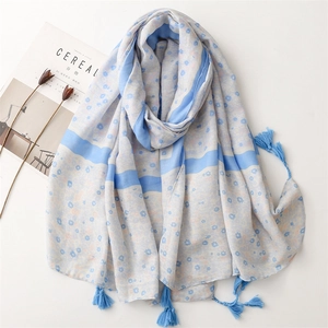 Long Floral Print Scarf With Tassels Soft Polyester Shawl Lightweight Sun Protection For Women French Elegant Style