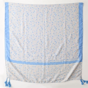 Blue floral cotton-linen feel scarf with elegant tassels and wide navy borders