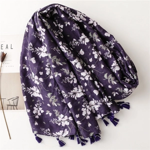 Deep purple floral sunscreen beach shawl with fringe tassel and soft cotton texture