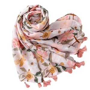 Pink floral sun protection scarf with bohemian tassels for summer beach and travel