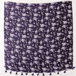 Oversized deep purple floral beach shawl with fringe tassels for sun protection and travel