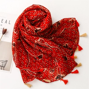 Ethnic style cotton linen red floral print scarf with elegant decorative tassels