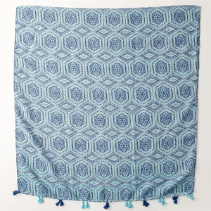 Ethnic blue geometric print cotton linen scarf with hexagonal patterns and fringe tassels